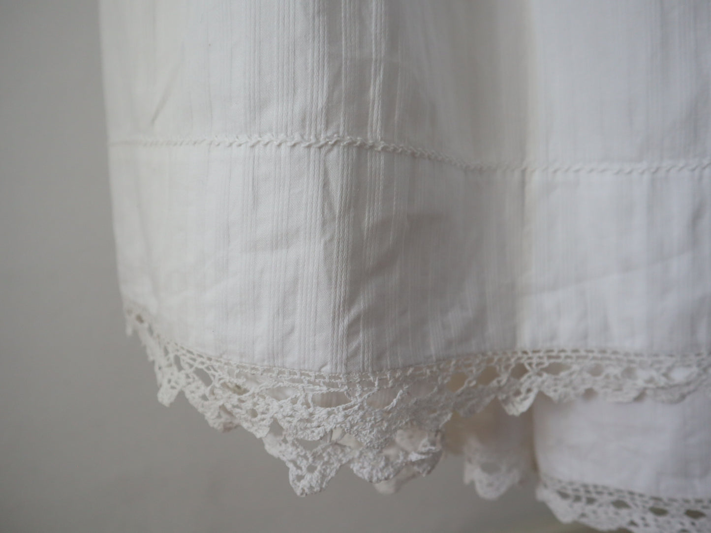 Antique French White Striped Cotton Skirt Petticoat Hem Drawstring Waist Crochet Lace Trim