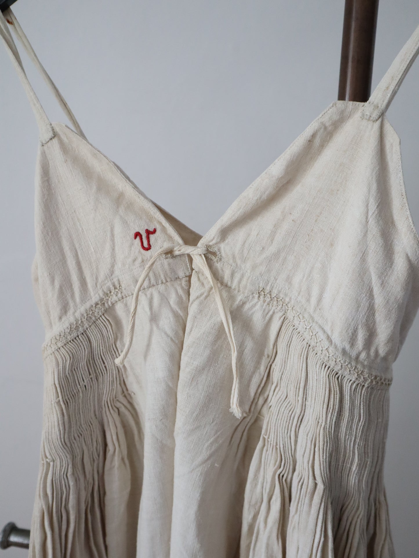 C.1930s Slovakian Linen Folk Underdress Dress Traditional Costume Homespun Smocking Pleats Embroidery