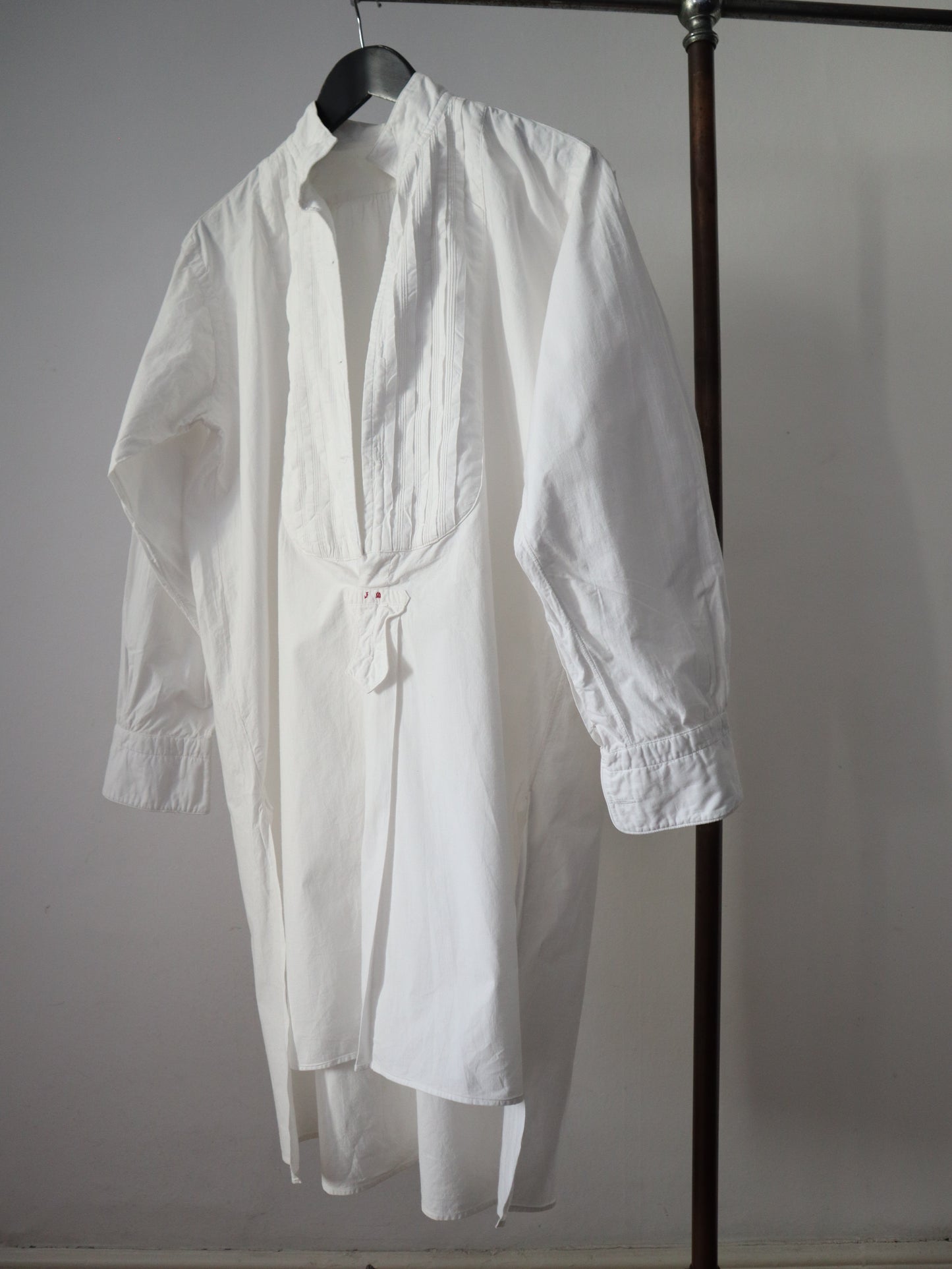 Antique French White Cotton Dress Shirt Long Pleated Bob Monigram JM