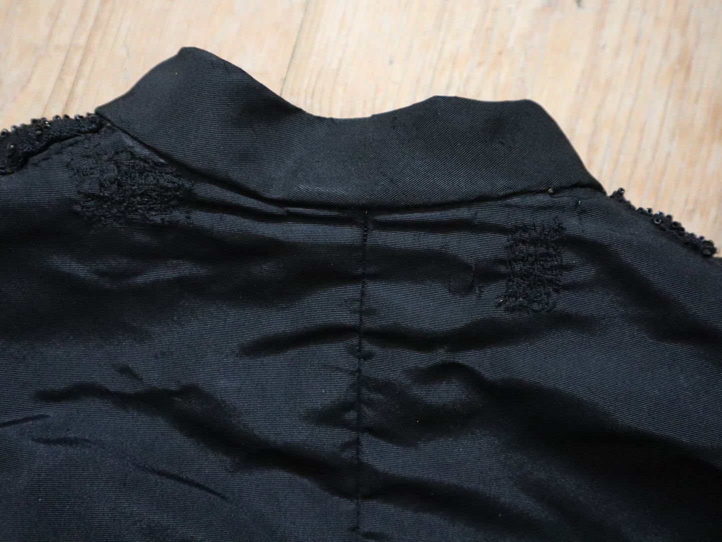 Antique 1900s French Black Silk Bodice Boned Grosgrain Beading