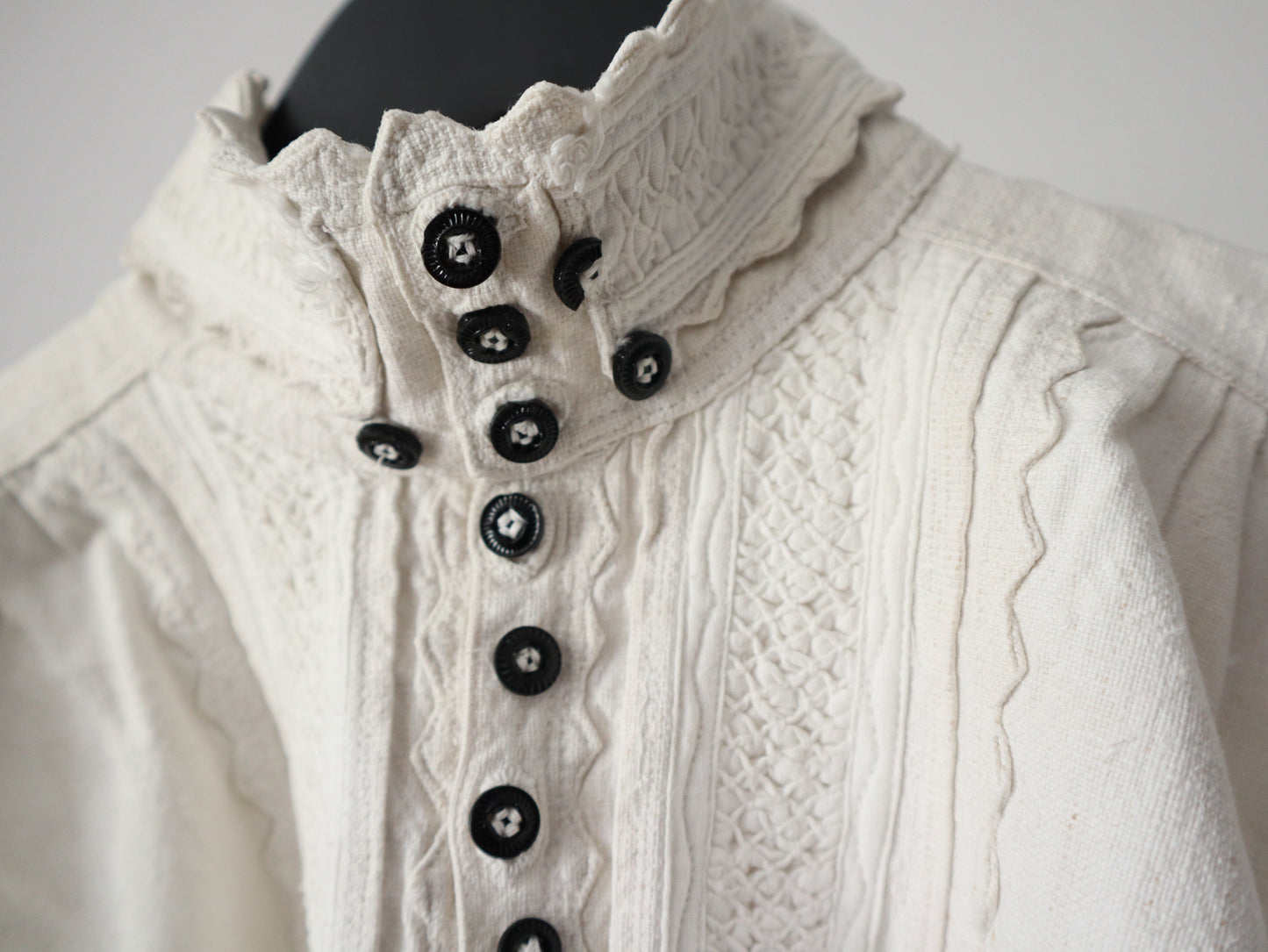 1930s Transylvanian Folk Blouse Shirt Black Glass Buttons Traditional Romanian Linen Eastern European