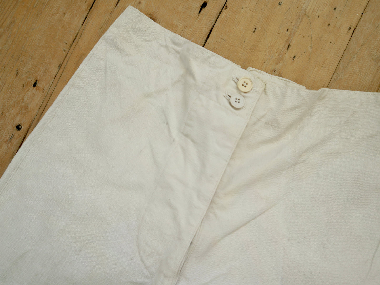 1920s French White Cotton Canvas Breeches Buckle Back Bone Buttons