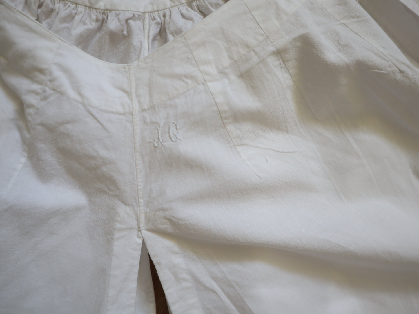 Antique French White Cotton Bloomers Knickers Embroidery Cutwork JG Monogram Early 1900s