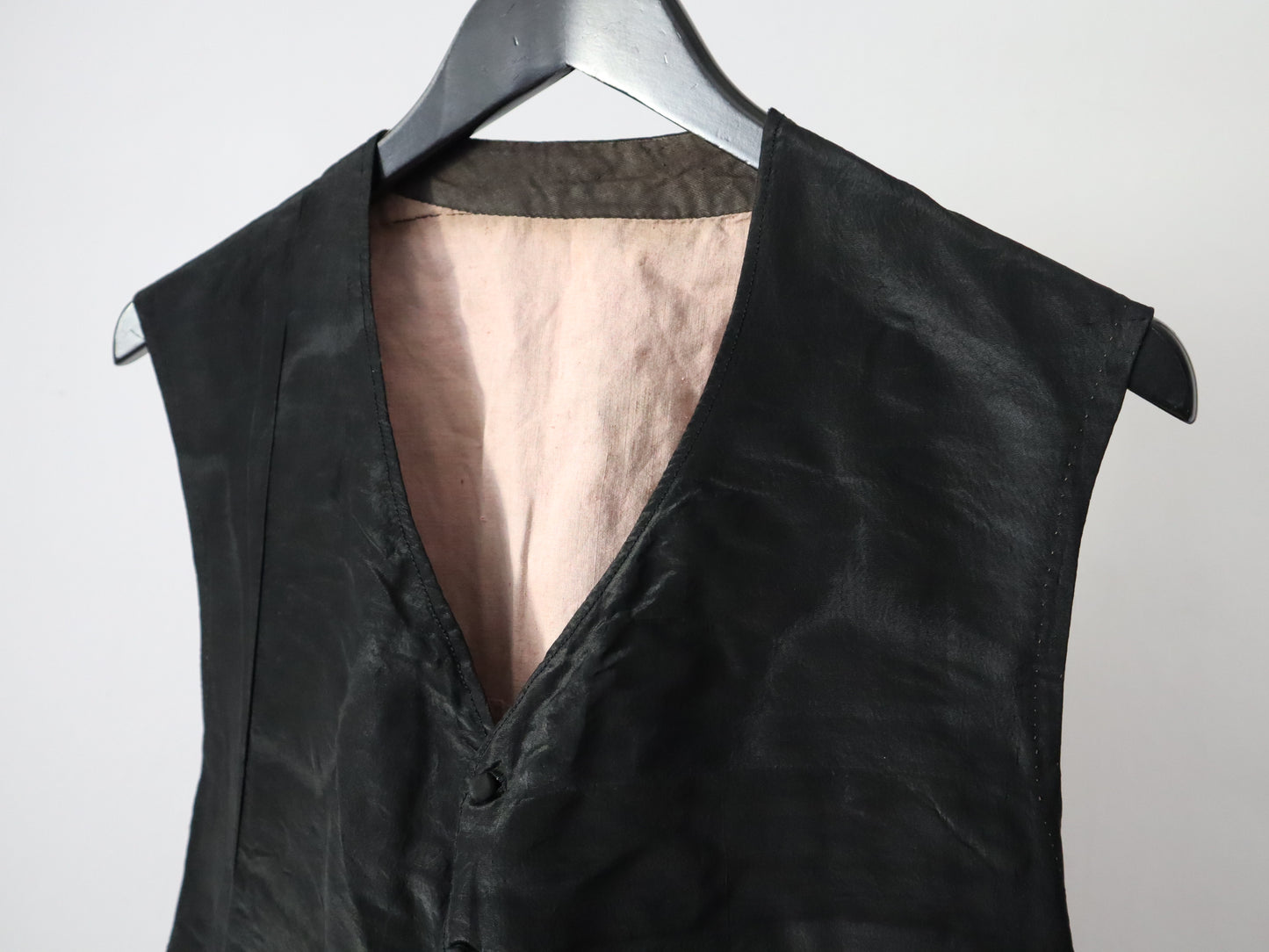 Antique Early 1900s French Black Silk Vest Waistcoat Glazed Cotton Backing