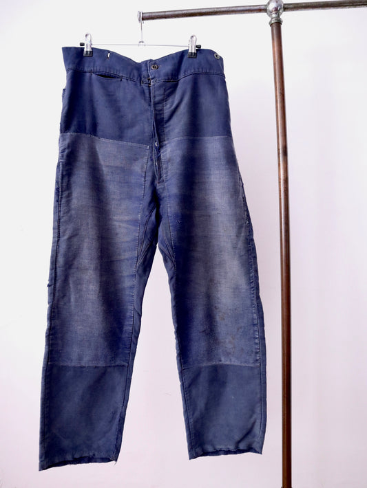 1940s–1950s French Moleskin Workwear Trousers – “Le Parfait” with Patched and Darned Repairs