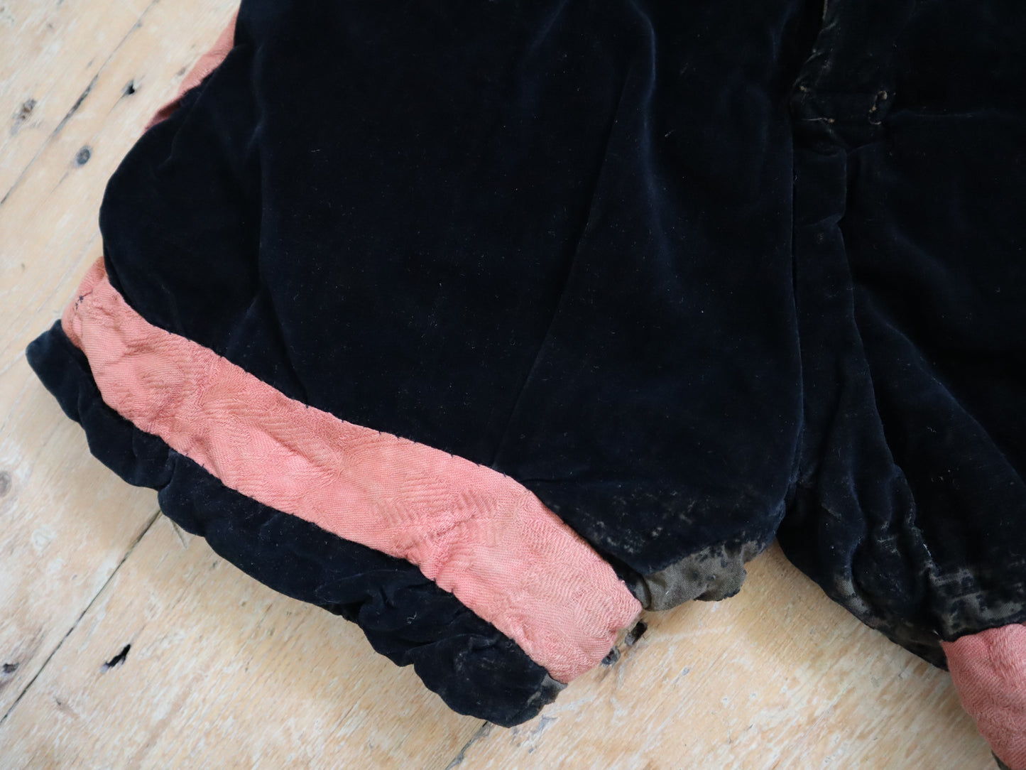 Antique Early 1900s French Theatre Opera Costume Hose Shorts Renaissance Style Tudor Black Velvet Pink Cotton Panels