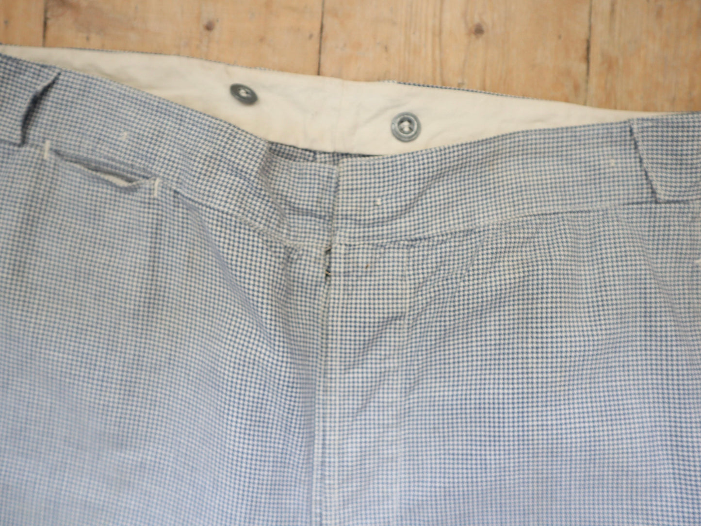 1940s French Workwear Trousers  Pâtissier Blue White Dogtooth Cotton Zinc Metal Buttons