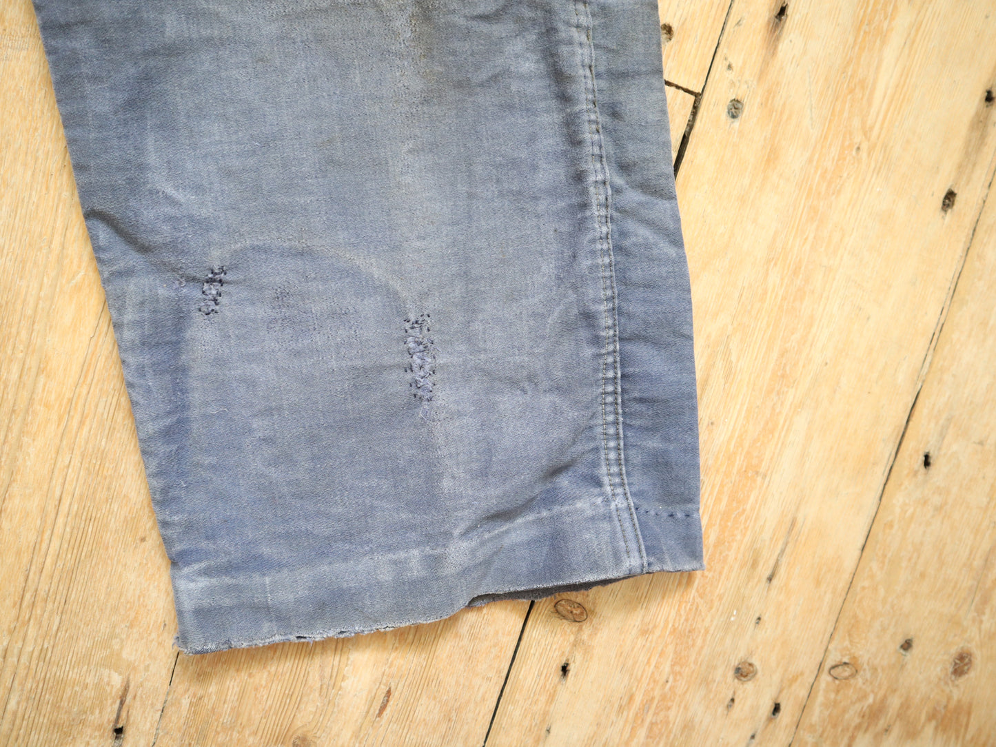 1950s French Le Salvetal Blue Moleskin Workwear Trousers Pants Repairs Darned Patched High Waist