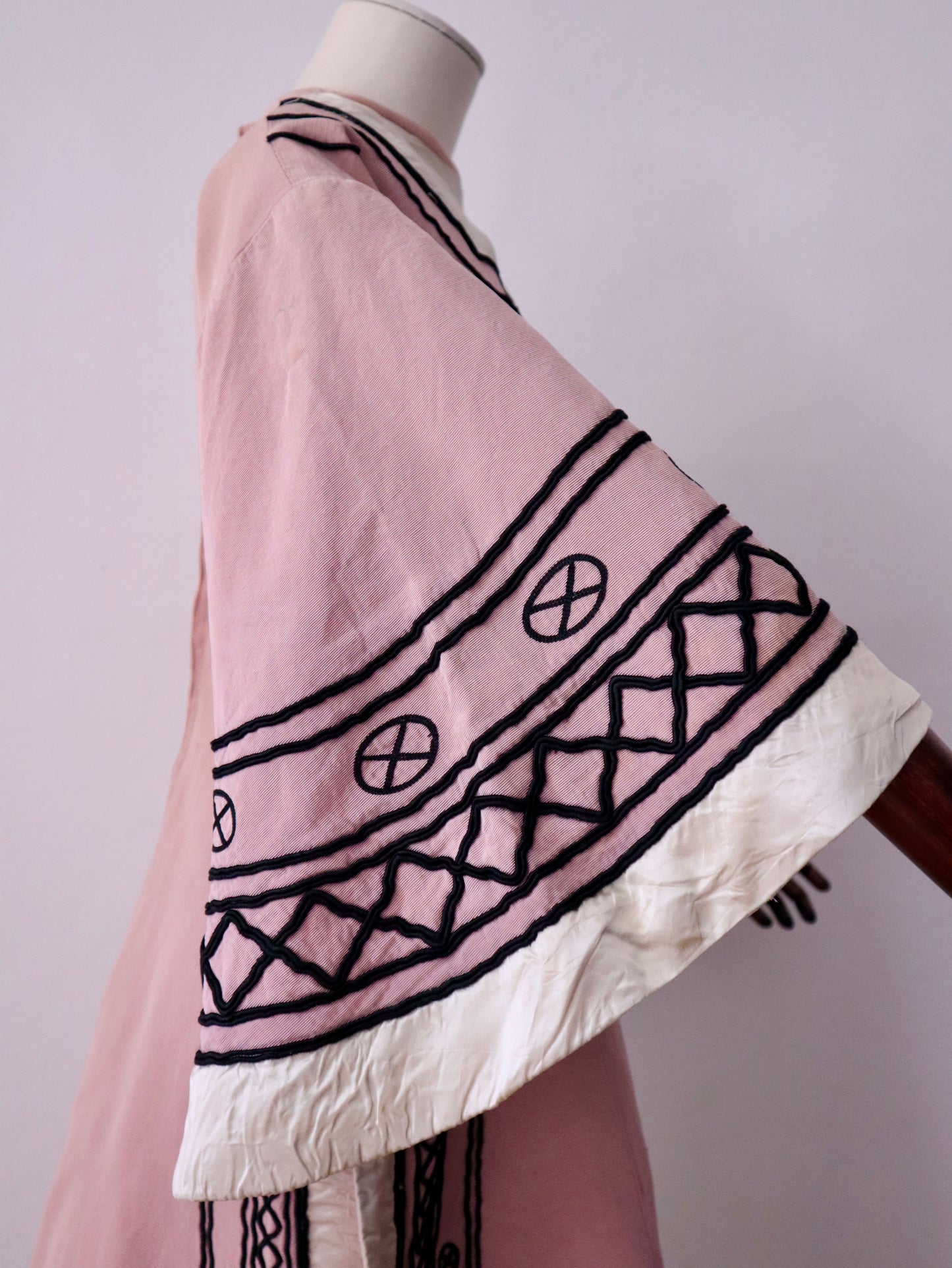 1930s -40s French Opera Tunic Dress by Henri Lebrun – Pink Grosgrain with Black Soutache Trim – Vintage Theatrical Costume