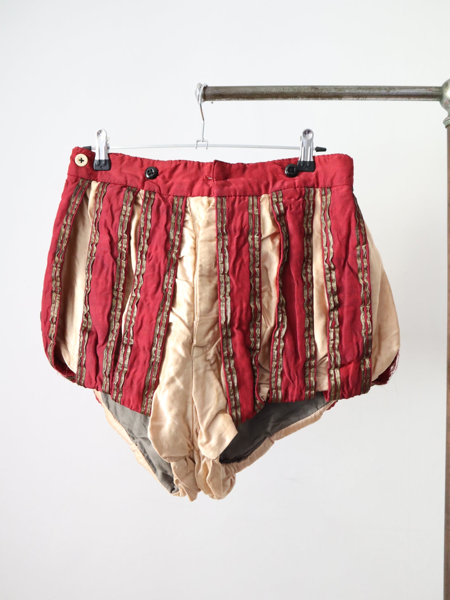 Antique French Renaissance style hose shorts, opera Theatre costume Magenta Silk Gold Metal Ribbon Trim Early 1900s