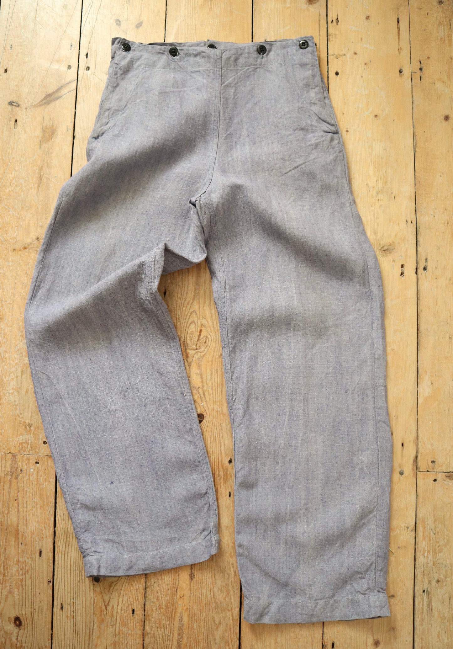 1960s French Blue Linen Sailor Trousers Flap Front Buttons