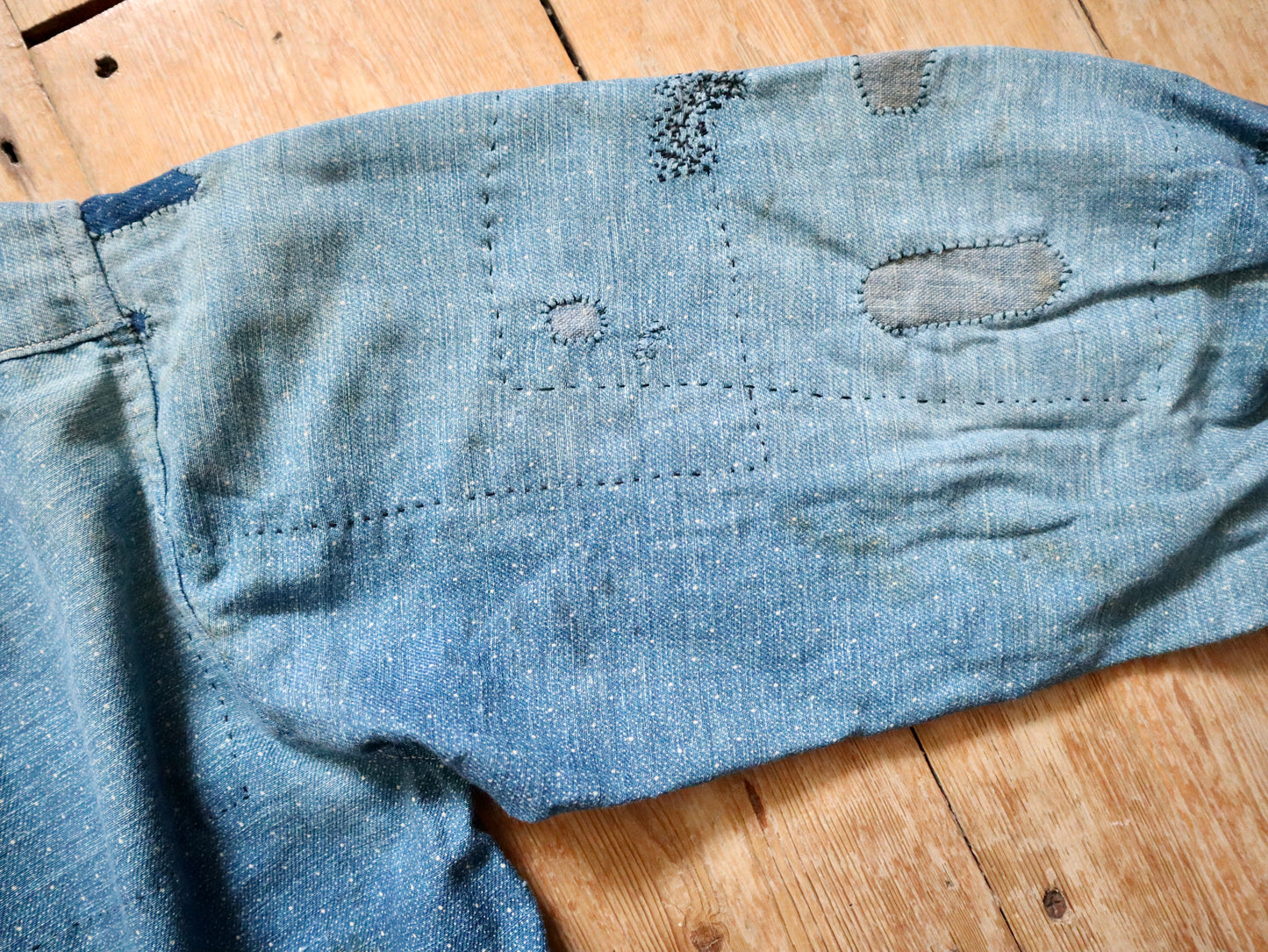 1920s French Blue Indigo Constellation Shirt Patched Repaired RARE Cotton Early Workwear Chore