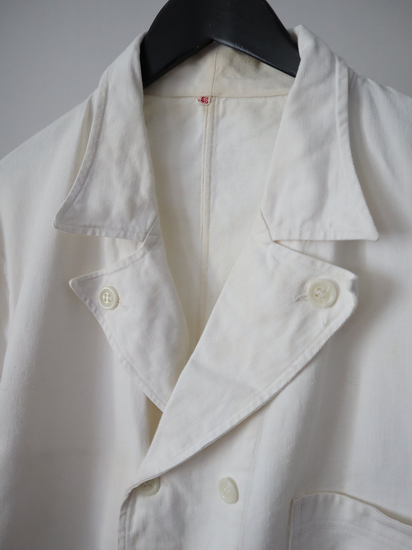 1940s 50s French Workwear Jacket Baker Double Breasted White Cotton Twill