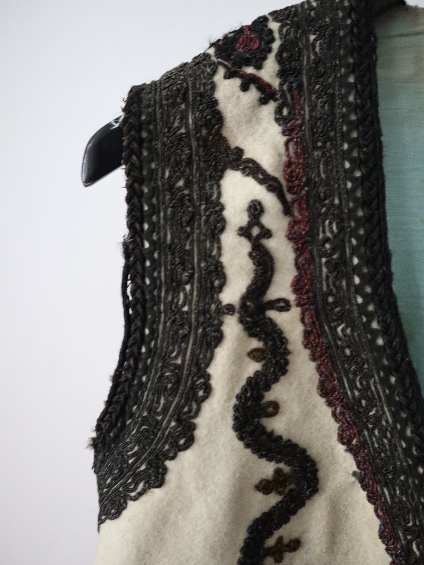 1920s 1930s Transylvanian folk waistcoat with black and burgundy soutache decoration