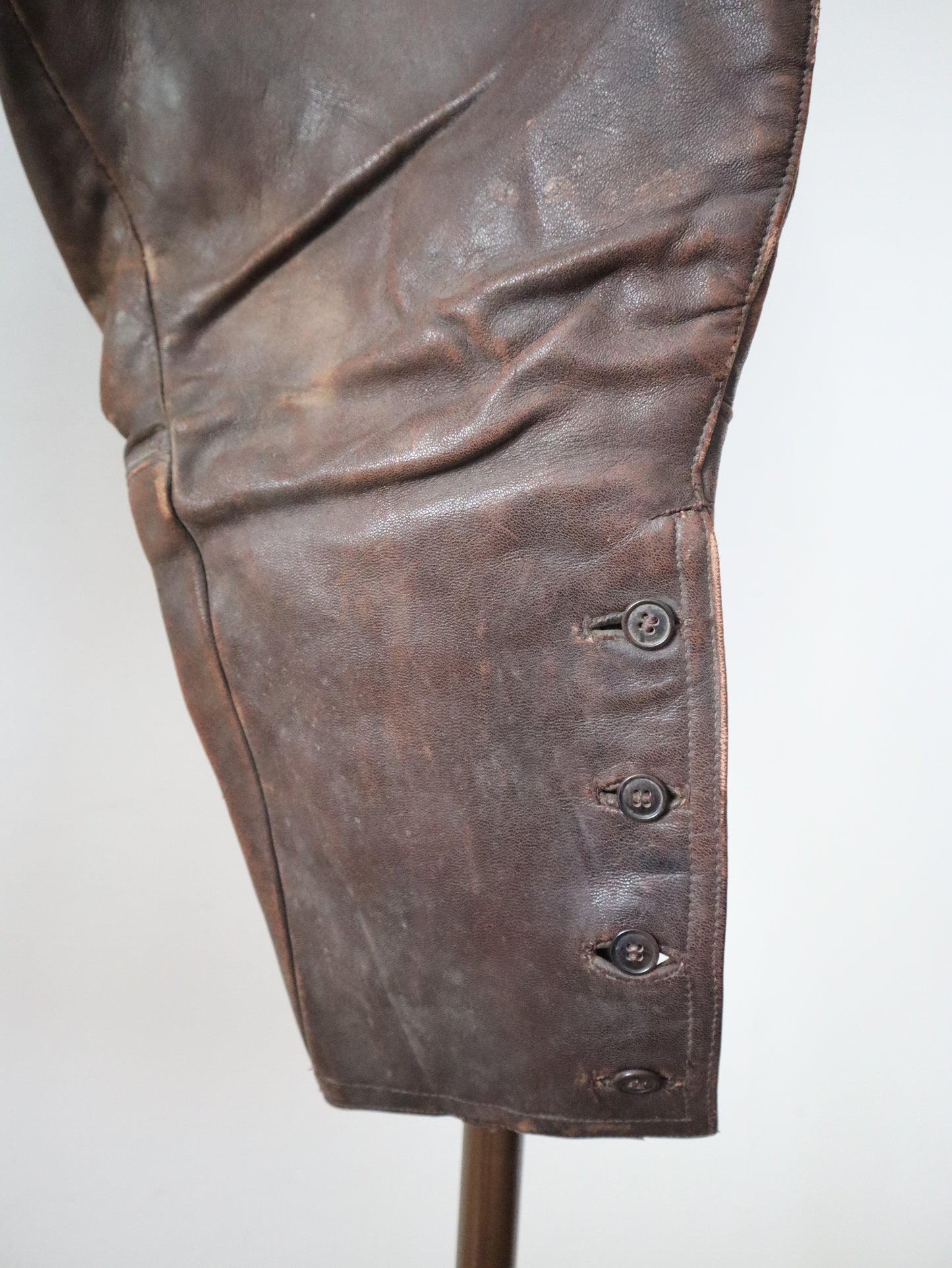 1920s - 30s French Brown Leather Breeches Pilot Trousers Pants High Waist Button Calves