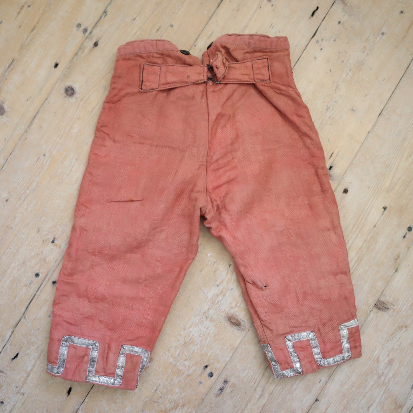 Antique French Child’s Theatre Costume 18th Century Breeches Pants Silver Metal Ribbon Trim Brick