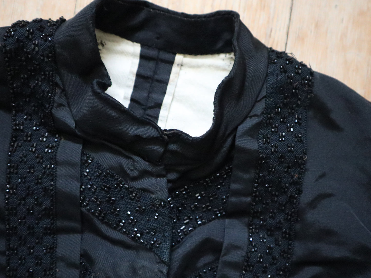 Antique 1900s French Black Silk Bodice Boned Grosgrain Beading