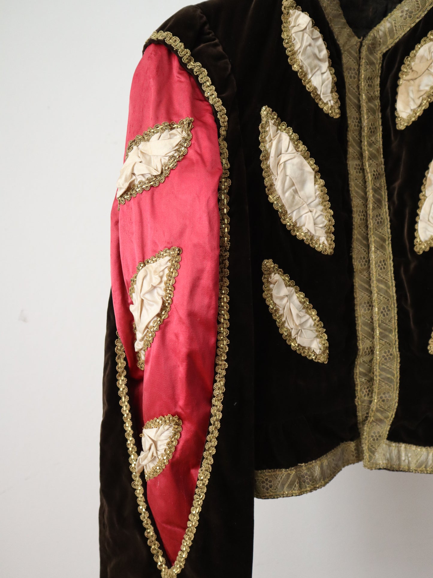 Antique French Theatre Costume Renaissance Style Pink Silk Brown Velvet Slash Puff Tunic Jacket Hose Shorts