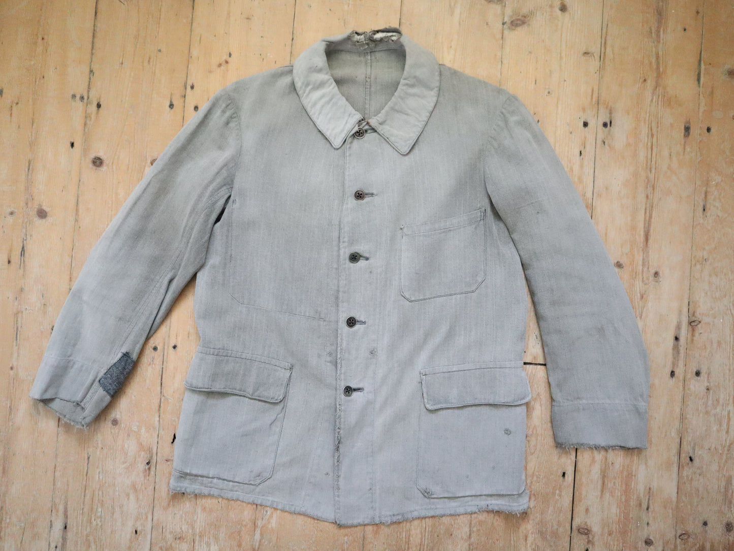 1930s French Grey Cotton Workwear Jacket Patched Repaired