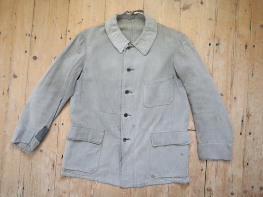 1930s French Grey Cotton Workwear Jacket Patched Repaired