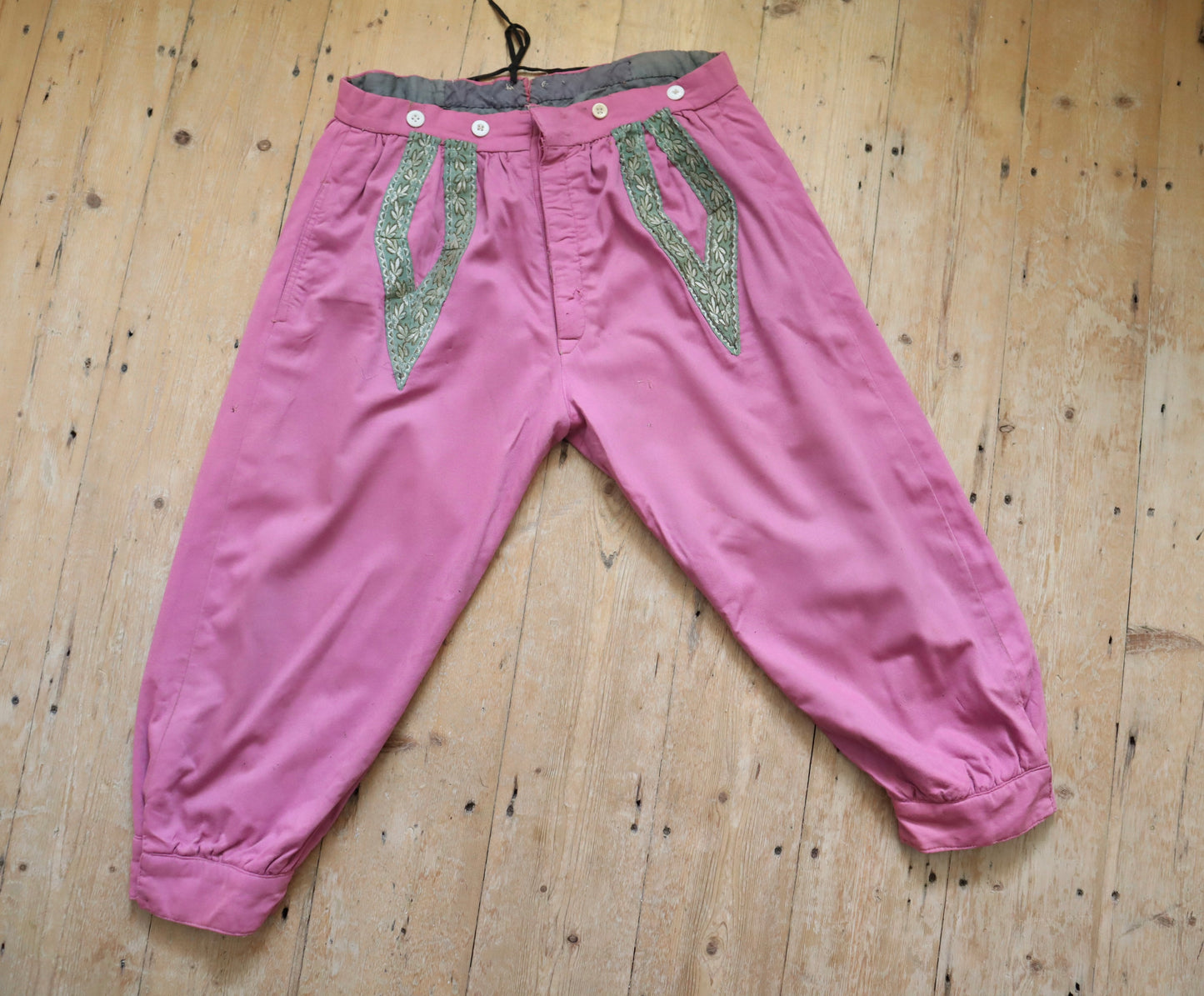 Antique French Theatre Costume Trousers Breeches Pants Pink Wool Metal Thread Embroidered Ribbon Early 1900s