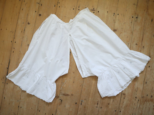 Antique French Bloomers white cotton embroidery early 1900s Folded Pleats Cut Work Floral Embroidery M P Monogram