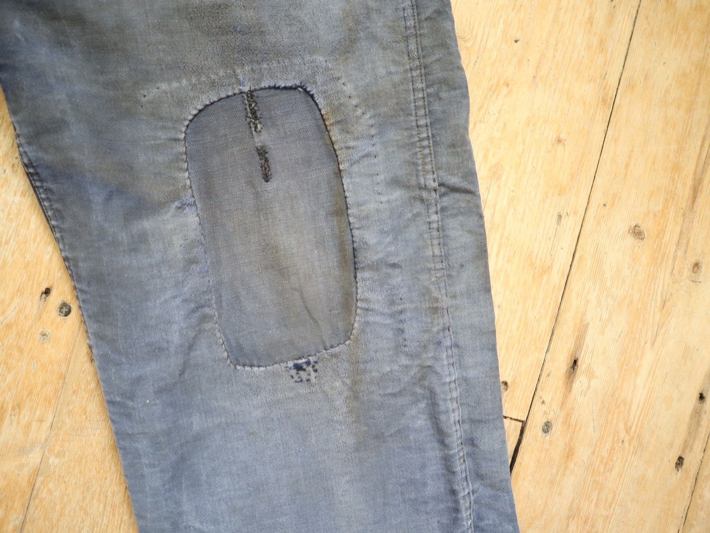 1950s French Le Salvetal Blue Moleskin Workwear Trousers Pants Repairs Darned Patched High Waist