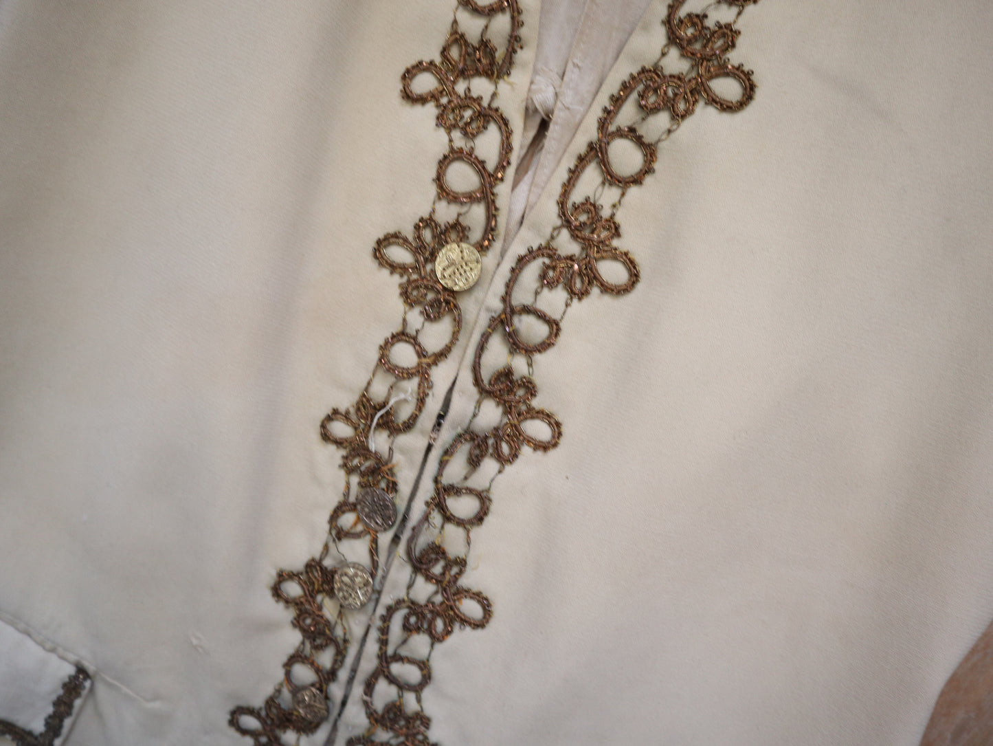 Antique French Opera Costume Vest Cream Wool Gold Metal Thread Brass Buttons 18th Century Style