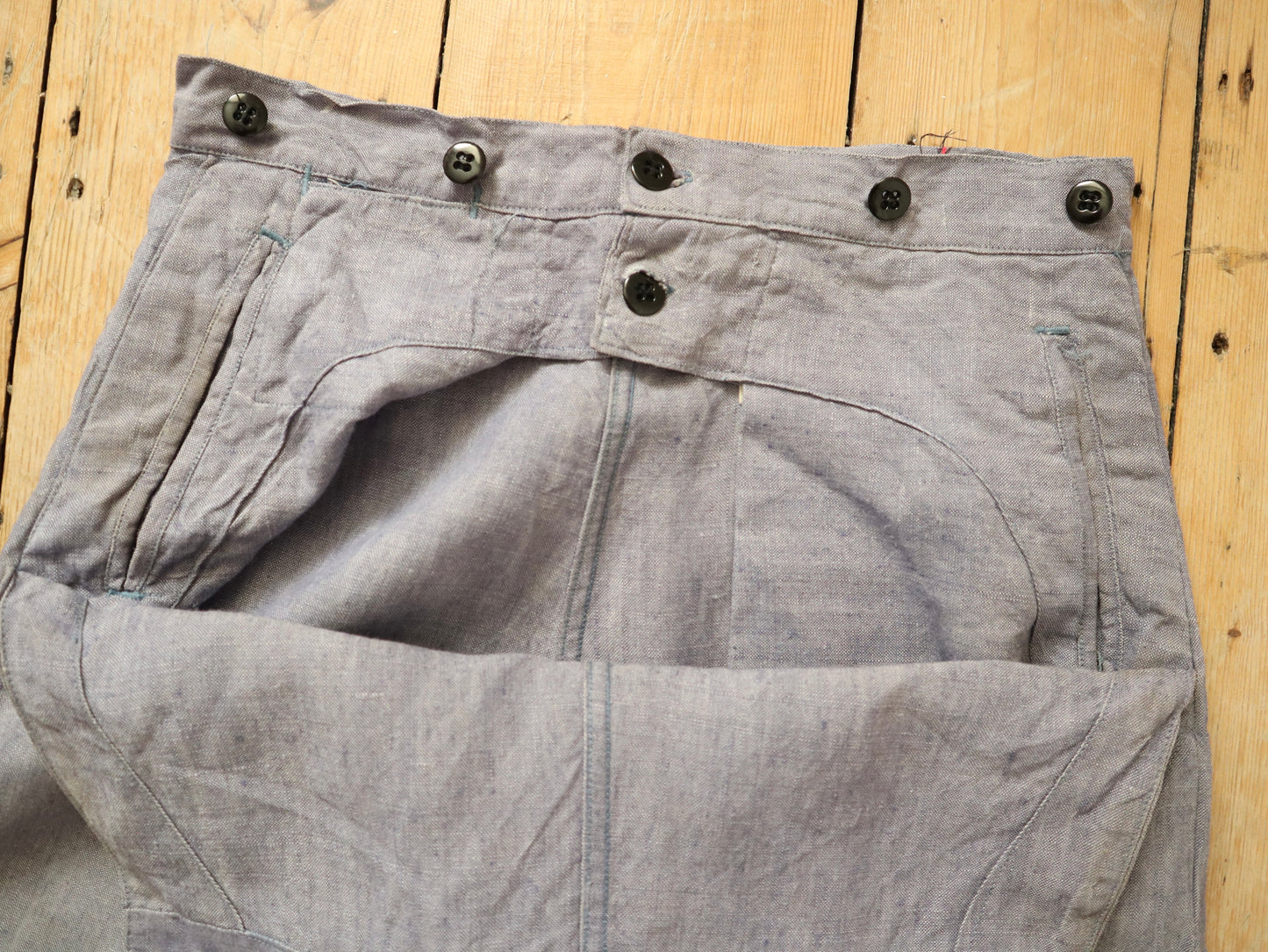 1960s French Blue Linen Sailor Trousers Flap Front Buttons