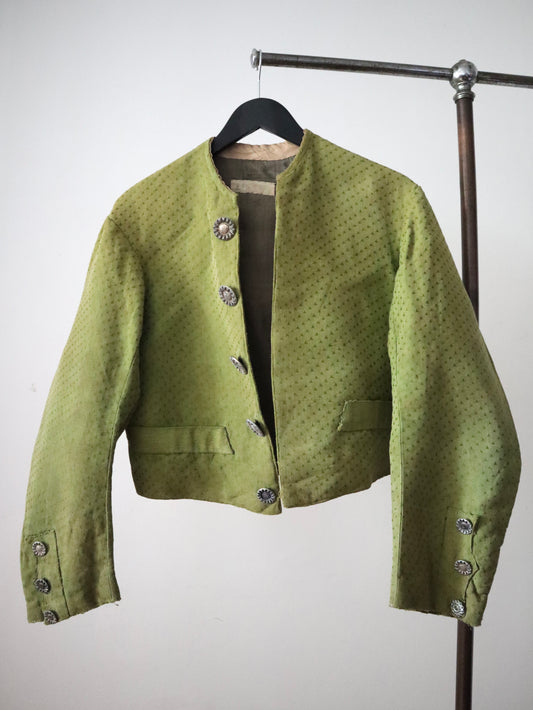 1920s French Opera Costume Green Cotton Jacket Short Textured Weave Metal Flower Buttons