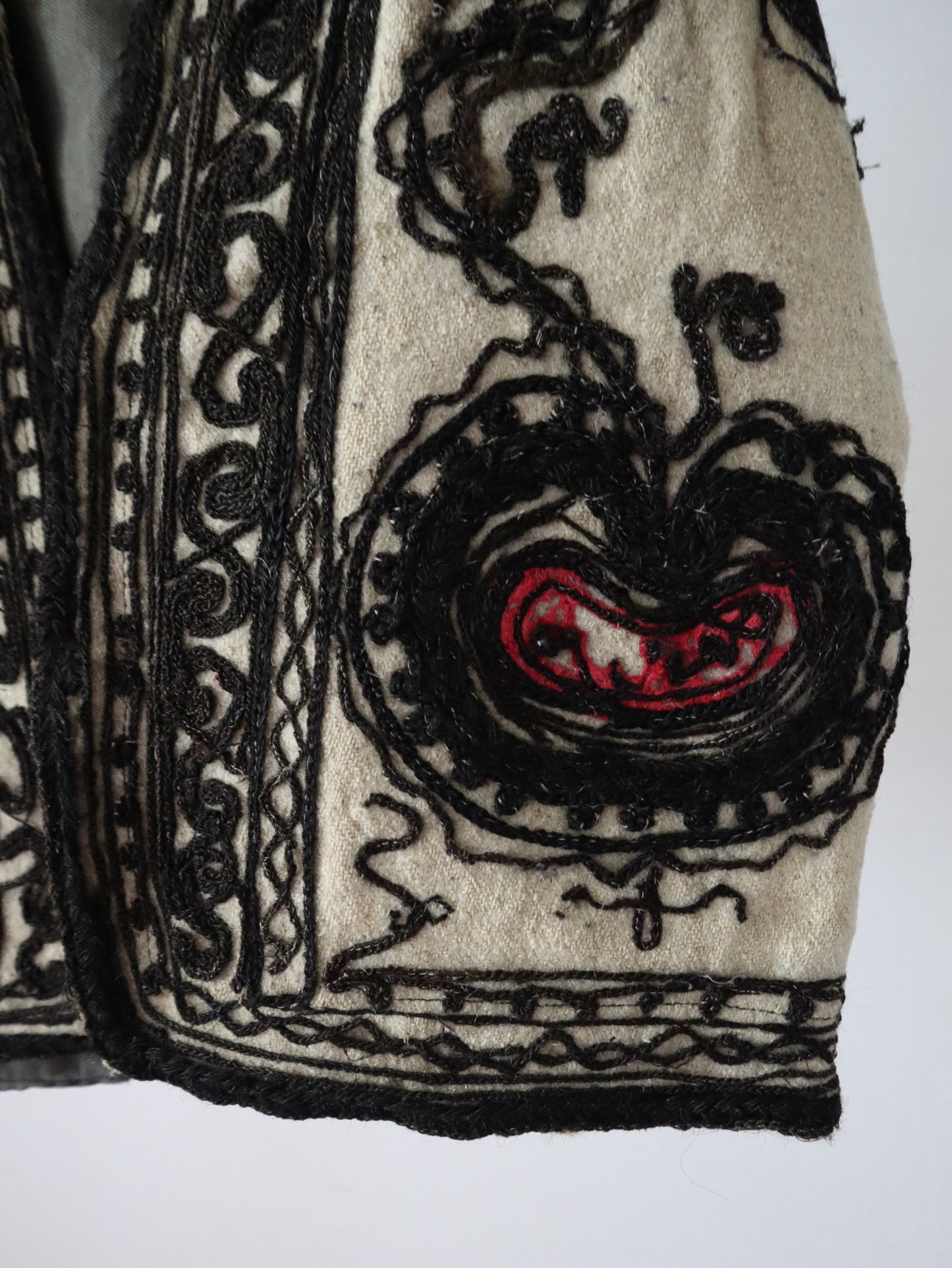 1920s 1930s Transylvanian wool folk waistcoat with black and red soutache decoration