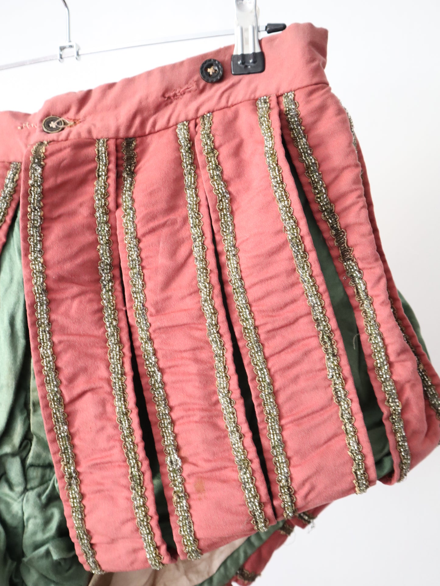 Antique 19th century French Renaissance style hose shorts, opera Theatre costume Pink Green Wool Silk  Stripe Silver Beading