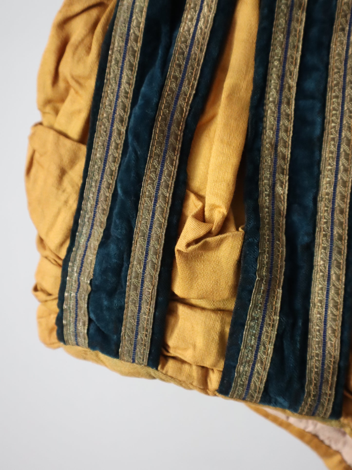 Antique French Renaissance style hose shorts, opera Theatre costume Yellow blue Stripe Gold Metal Ribbon Trim Early 1900s