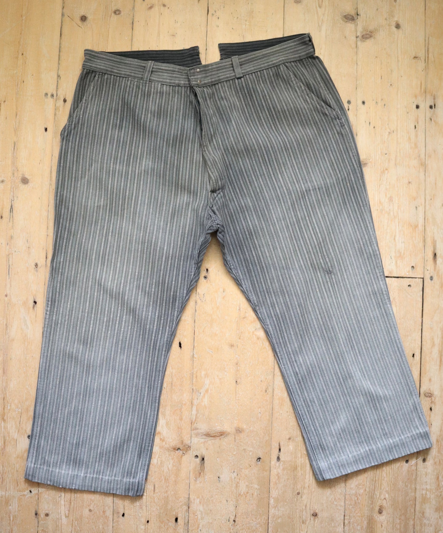 1950s French Grey Salt Pepper Stripe Cotton Chore Pants Workwear Trousers