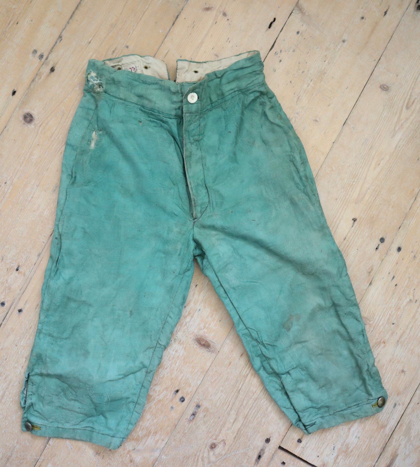 Antique French Child’s Theatre Costume Breeches Green Woven Cotton