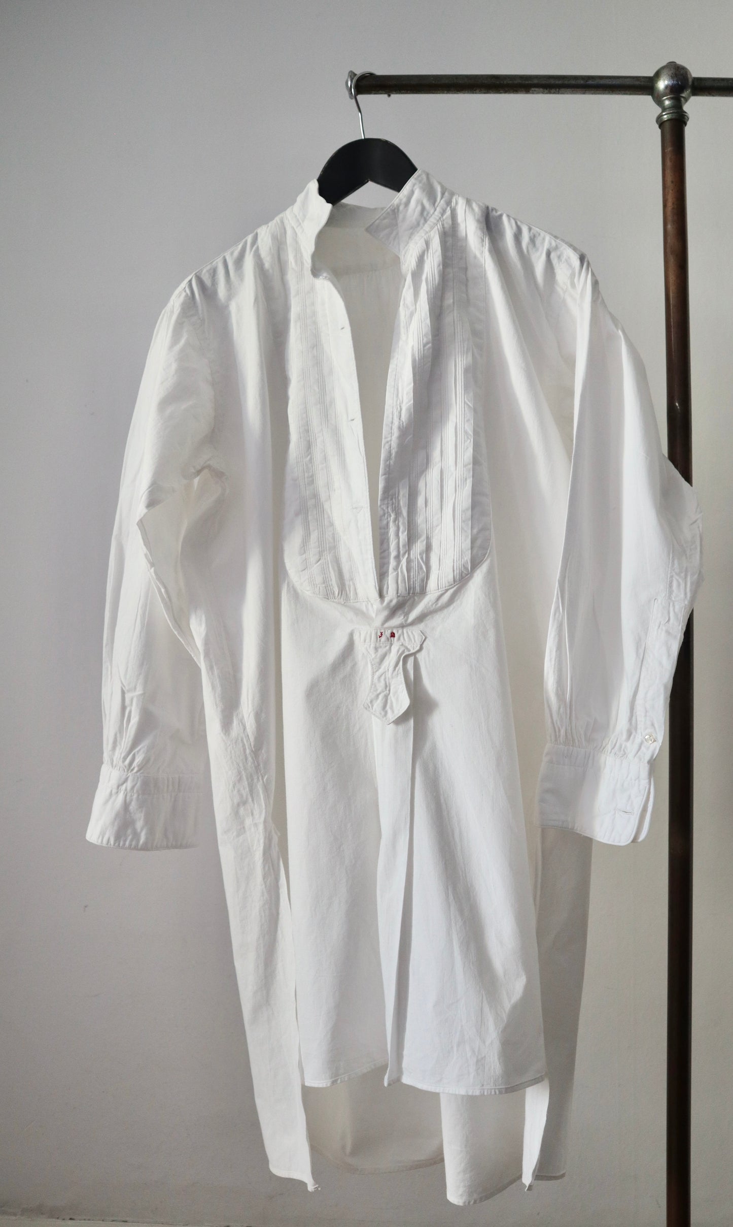 Antique French White Cotton Dress Shirt Long Pleated Bob Monigram JM