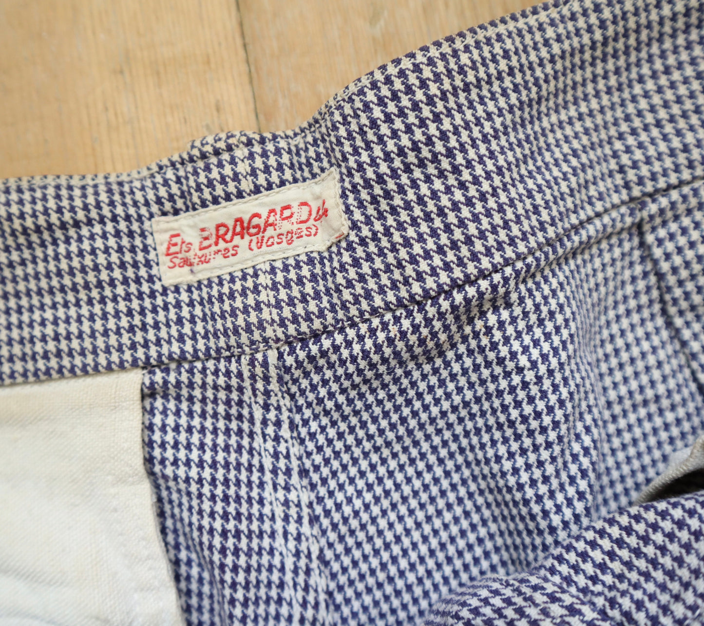 1950s French Workwear Trousers  Pâtissier Blue White Dogtooth Cotton