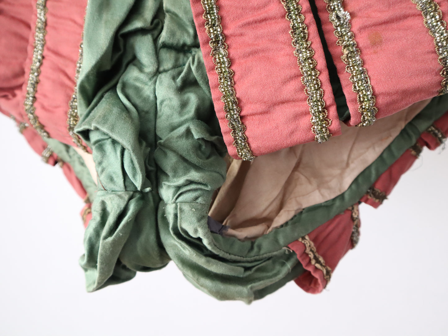 Antique 19th century French Renaissance style hose shorts, opera Theatre costume Pink Green Wool Silk  Stripe Silver Beading