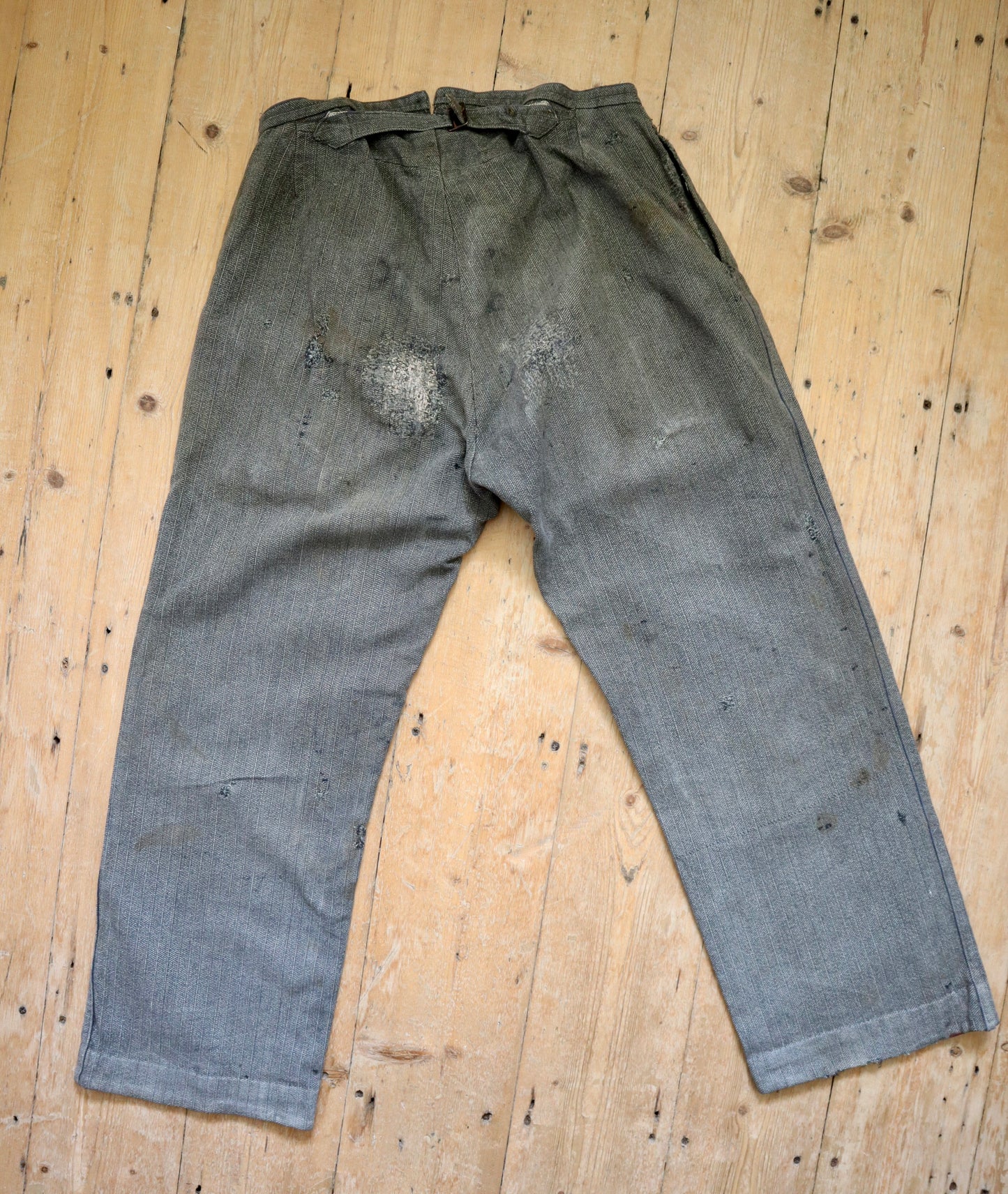 1930s French Grey Stripe Workwear Trousers Cotton Chore Pants Darned Repairs Rust