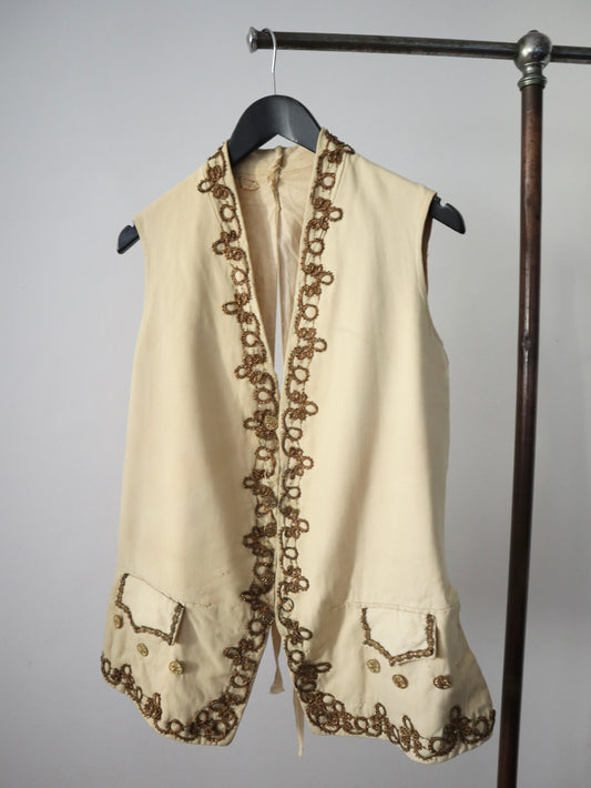 Antique French Opera Costume Vest Cream Wool Gold Metal Thread Brass Buttons 18th Century Style