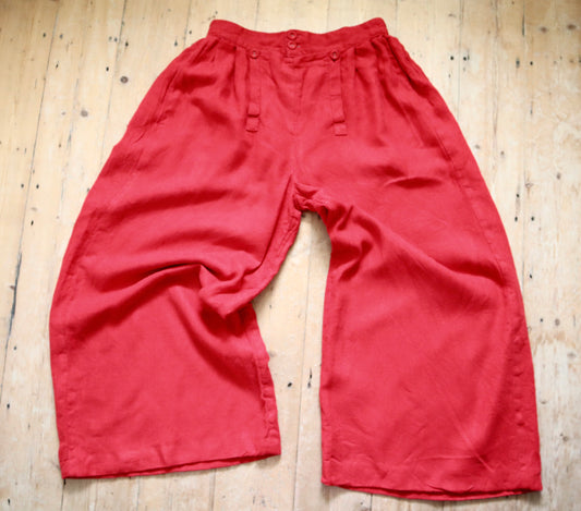 Red Wide Leg Cotton Trousers Opera Costume Flap Front Sailor Style