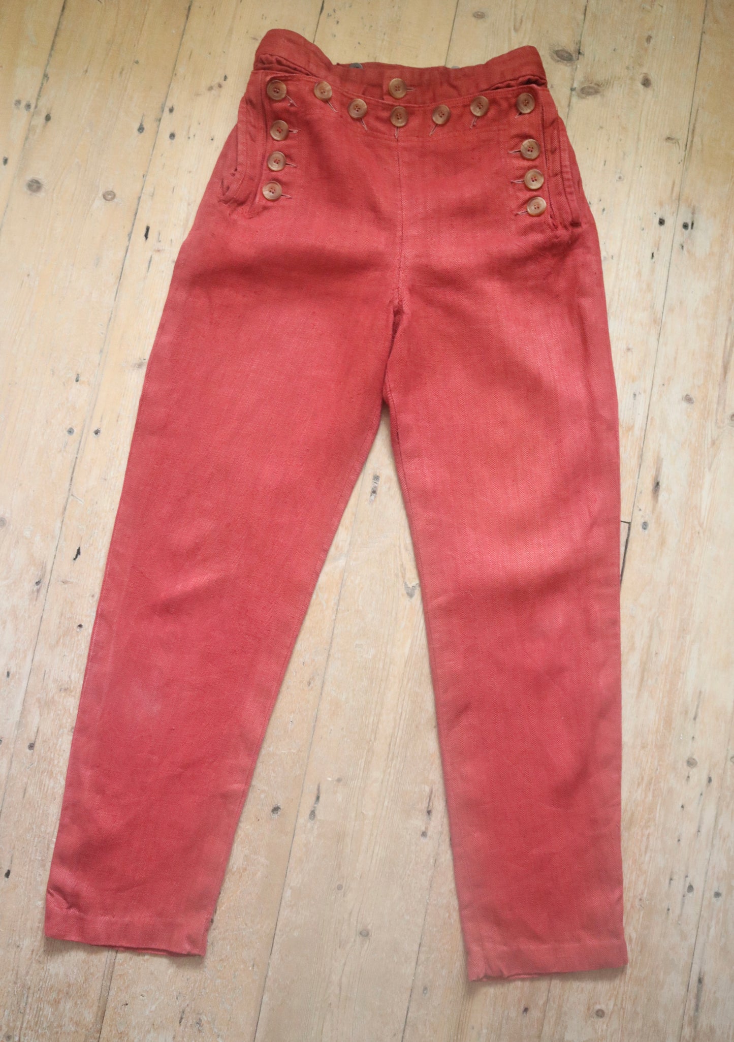 Red Herringbone Cotton Trousers Pants Flap Front Sailor Style Opera Costume