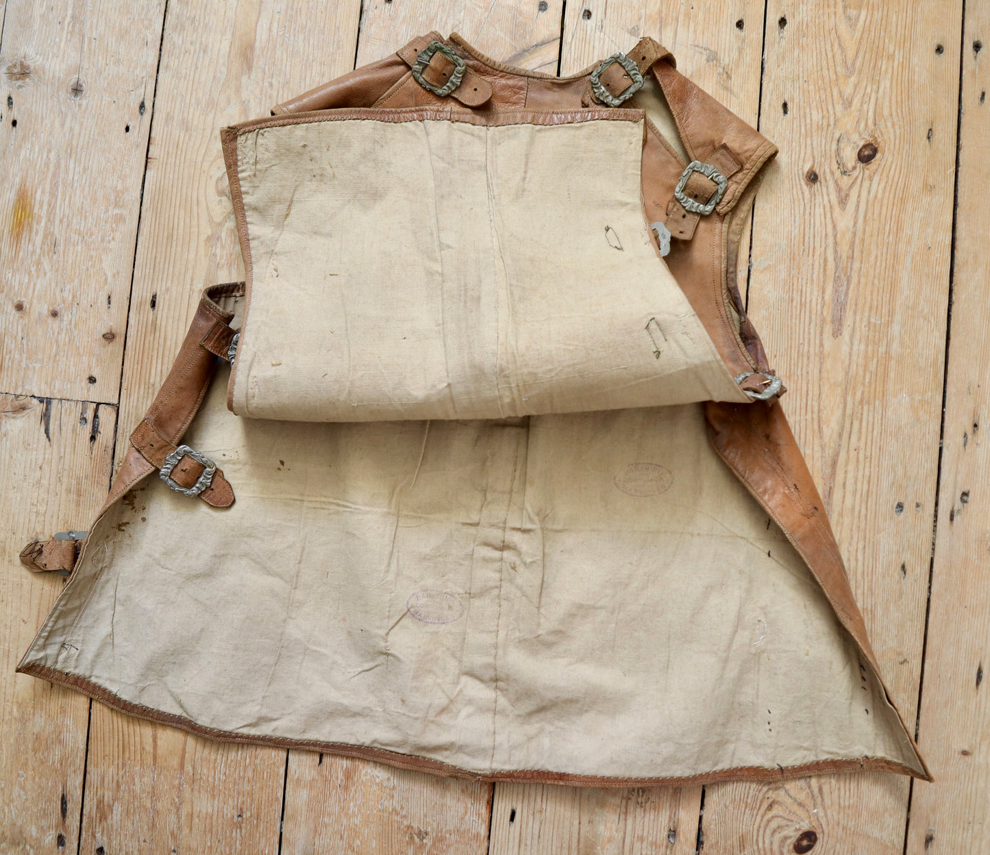 1910s French Tan Leather Gilet Tunic Buckles Patina Opera Theatre Costume BARABINO