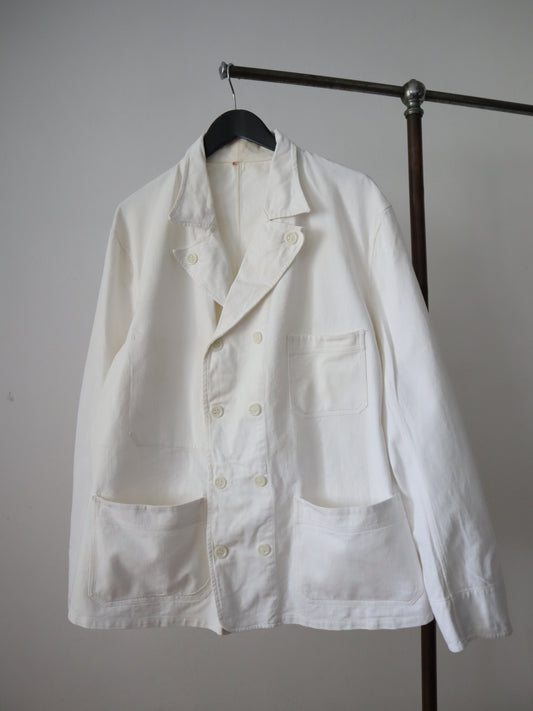 1940s 50s French Workwear Jacket Baker Double Breasted White Cotton Twill