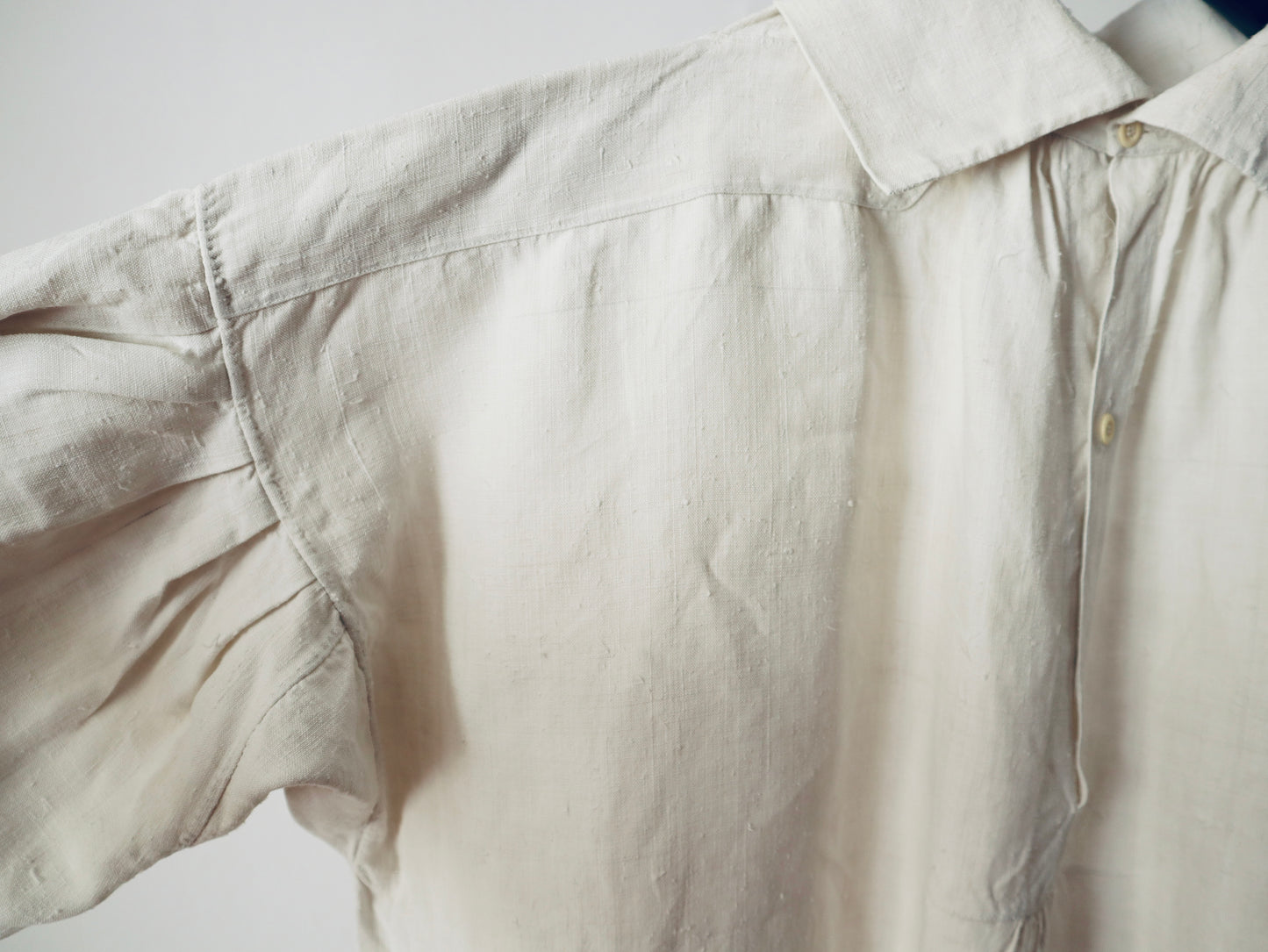 Antique 19th Century French Linen Smock Shirt Long Drop Shoulders Wide Collar Bone Buttons