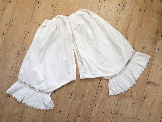Antique French White Cotton Bloomers Fine Embroidery Cut Work Lace Early 1900s
