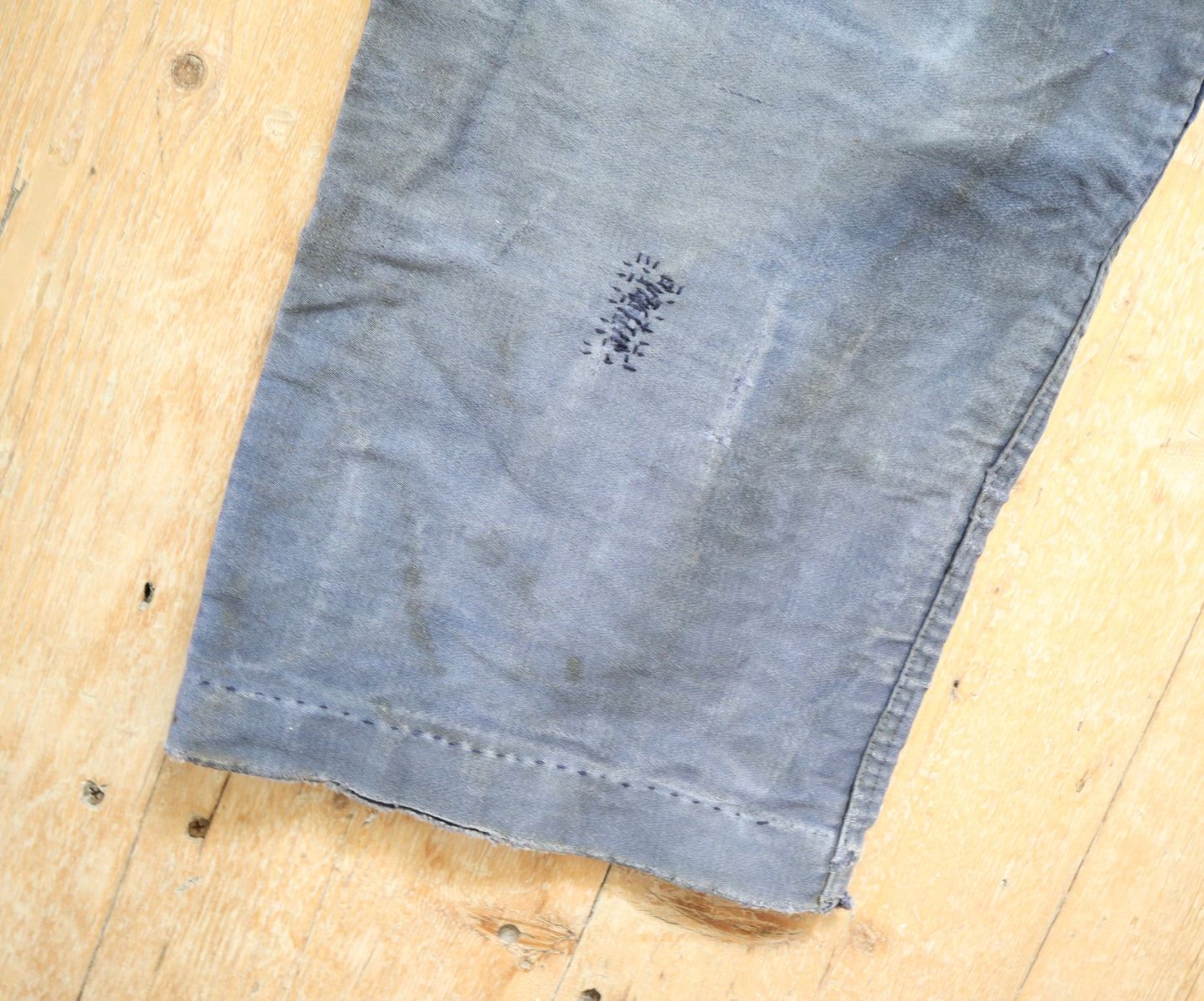 1950s French Le Salvetal Blue Moleskin Workwear Trousers Pants Repairs Darned Patched High Waist