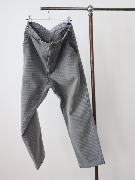 French workwear trousers light grey striped cotton cinch back Chore Pants