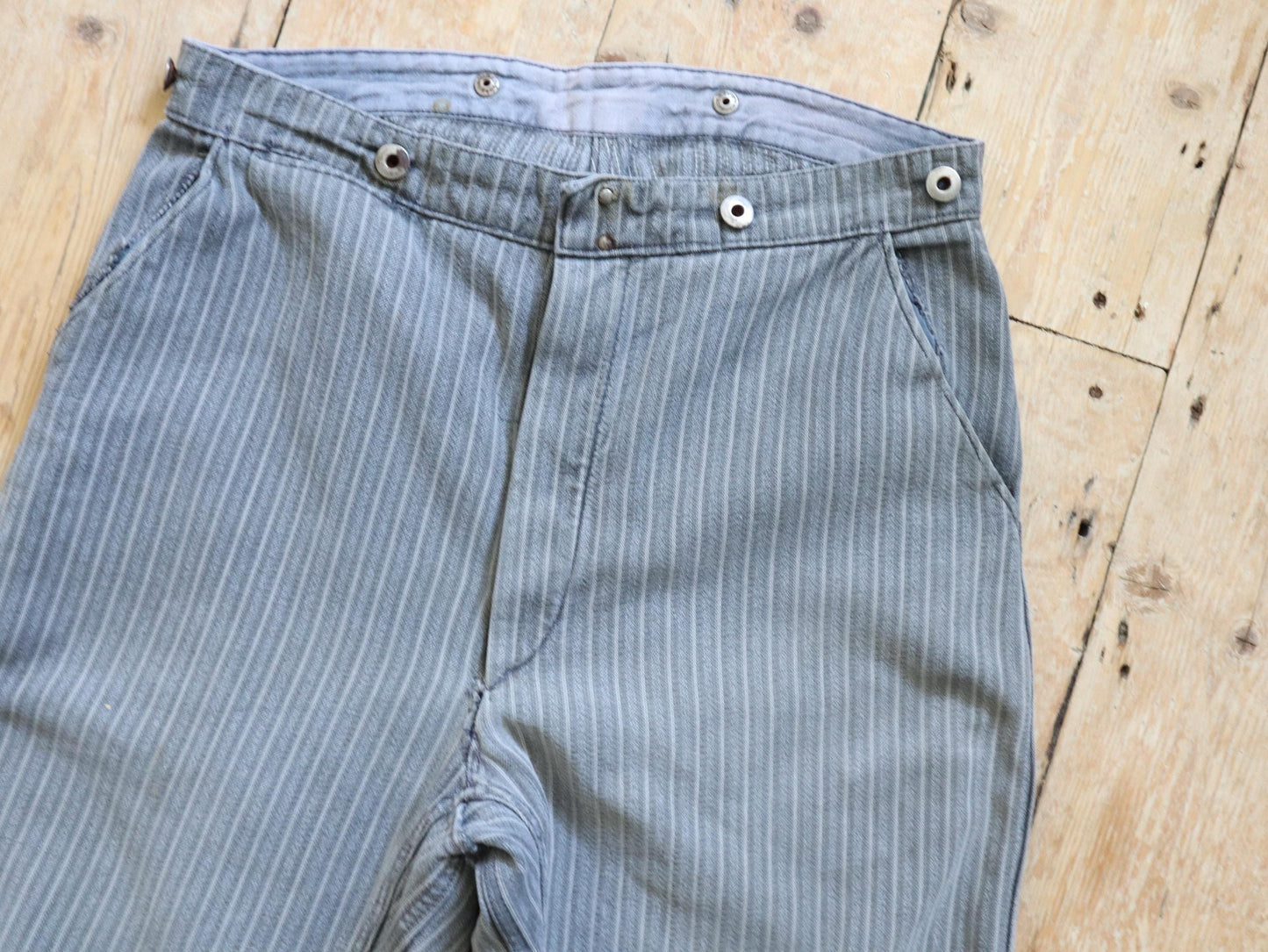 French workwear trousers light grey striped cotton cinch back Chore Pants