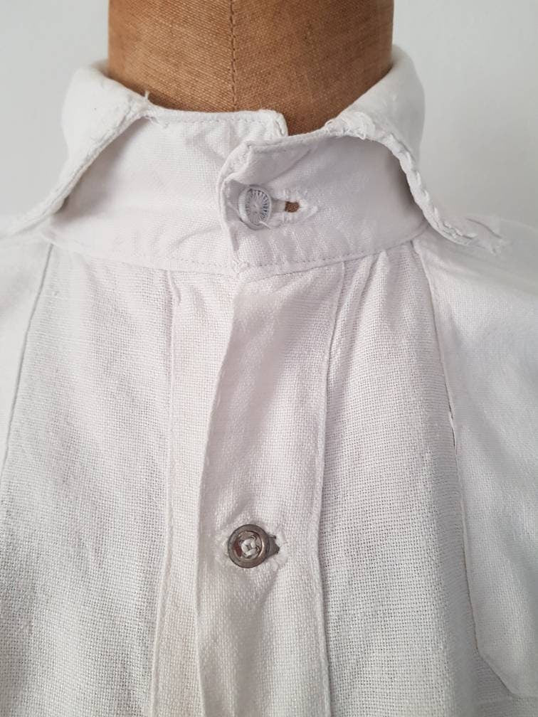 1930s Eastern European white linen folk shirt red Embroidered cuffs